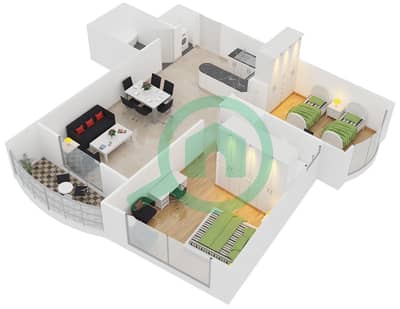 المخططات الطابقية لتصميم الوحدة 2 شقة 2 غرفة نوم - ليك فيو تاور