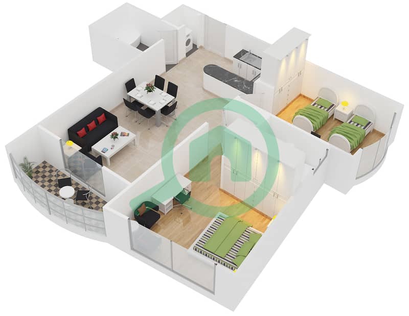 المخططات الطابقية لتصميم الوحدة 2 شقة 2 غرفة نوم - ليك فيو تاور Floor Typical interactive3D