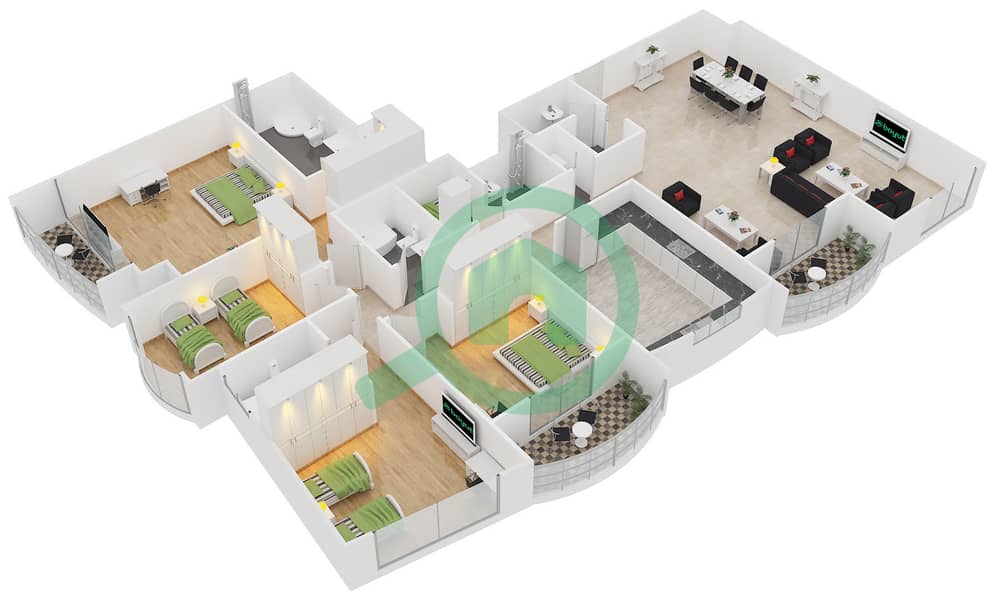 Лейк Вью Тауэр - Апартамент 4 Cпальни планировка Единица измерения 3 Floor 41-44 interactive3D