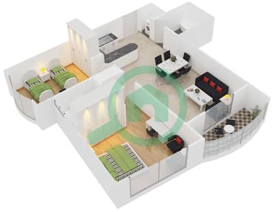 المخططات الطابقية لتصميم الوحدة 6 شقة 2 غرفة نوم - ليك فيو تاور
