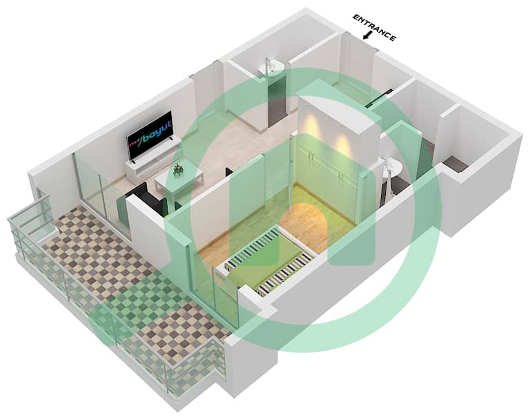 المخططات الطابقية لتصميم الوحدة 307 شقة 1 غرفة نوم - دوسيت برنسيس ريجاس interactive3D