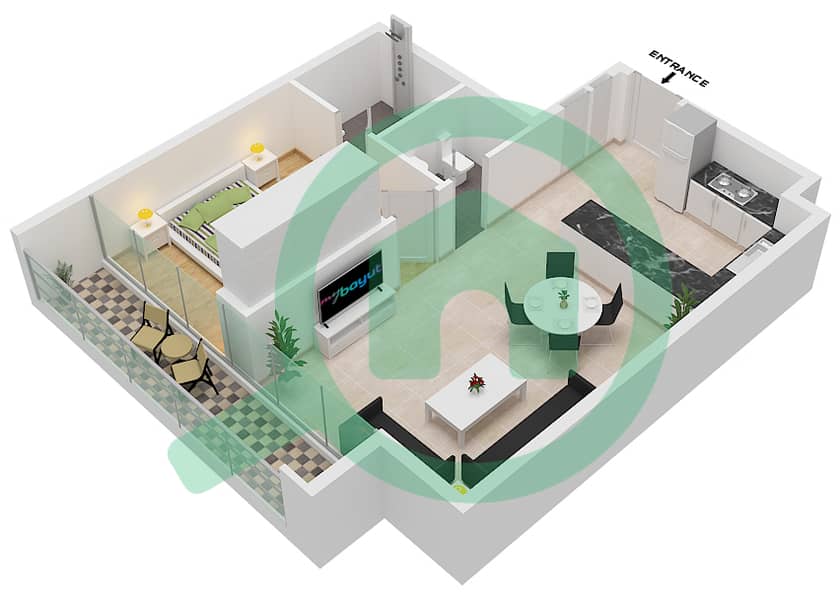 المخططات الطابقية لتصميم النموذج D شقة 1 غرفة نوم - فيردانا interactive3D