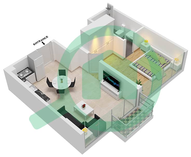 Азизи Ривьера 11 - Апартамент 1 Спальня планировка Тип 3B Floor 2-9 interactive3D