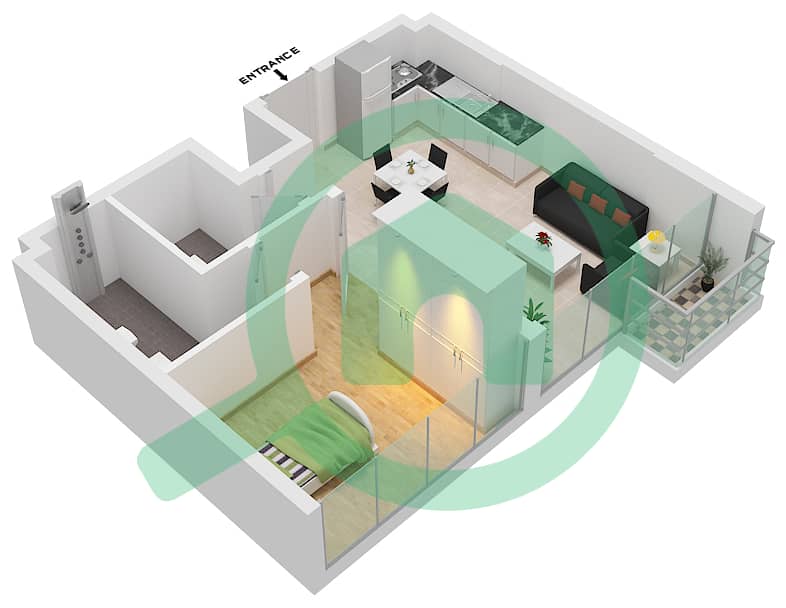 Азизи Ривьера 11 - Апартамент 1 Спальня планировка Тип 2B Floor 2-9 interactive3D