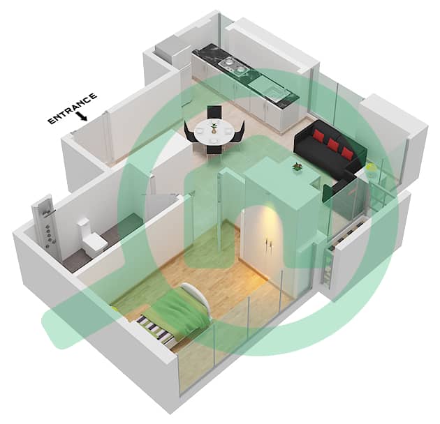 Азизи Ривьера 11 - Апартамент 1 Спальня планировка Тип 1B Floor 2-9 interactive3D