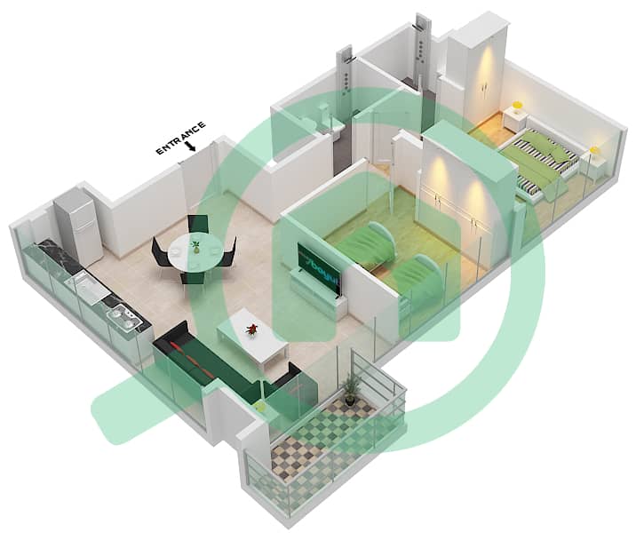 Азизи Ривьера 11 - Апартамент 2 Cпальни планировка Тип 1B Floor 2-9 interactive3D