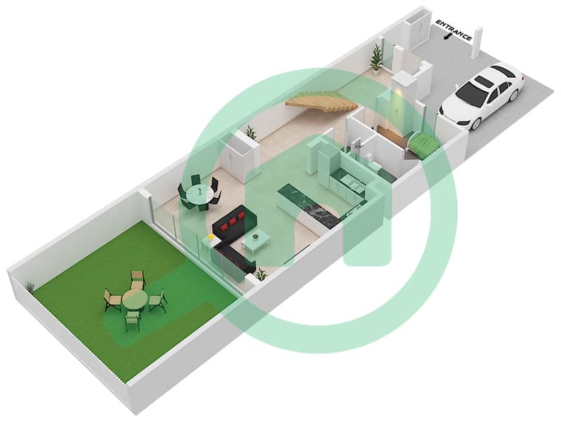 المخططات الطابقية لتصميم النموذج B تاون هاوس 2 غرفة نوم - جزيرة الصقر Lower Floor interactive3D