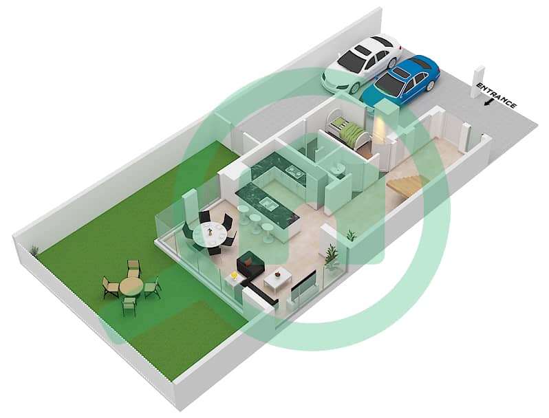 المخططات الطابقية لتصميم النموذج C تاون هاوس 2 غرفة نوم - جزيرة الصقر Lower Floor interactive3D