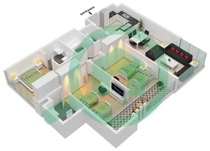 المخططات الطابقية لتصميم النموذج A, شقة 3 غرف نوم - فيردانا