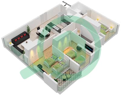 المخططات الطابقية لتصميم النموذج B, شقة 3 غرف نوم - فيردانا