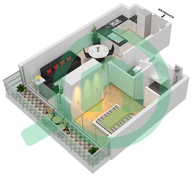 المخططات الطابقية لتصميم النموذج B شقة 1 غرفة نوم - فيردانا interactive3D