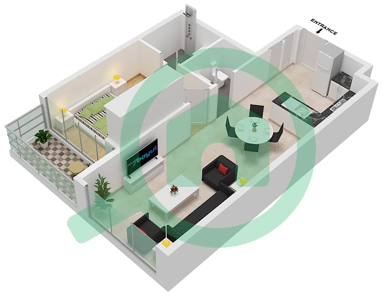 المخططات الطابقية لتصميم النموذج C شقة 1 غرفة نوم - فيردانا interactive3D