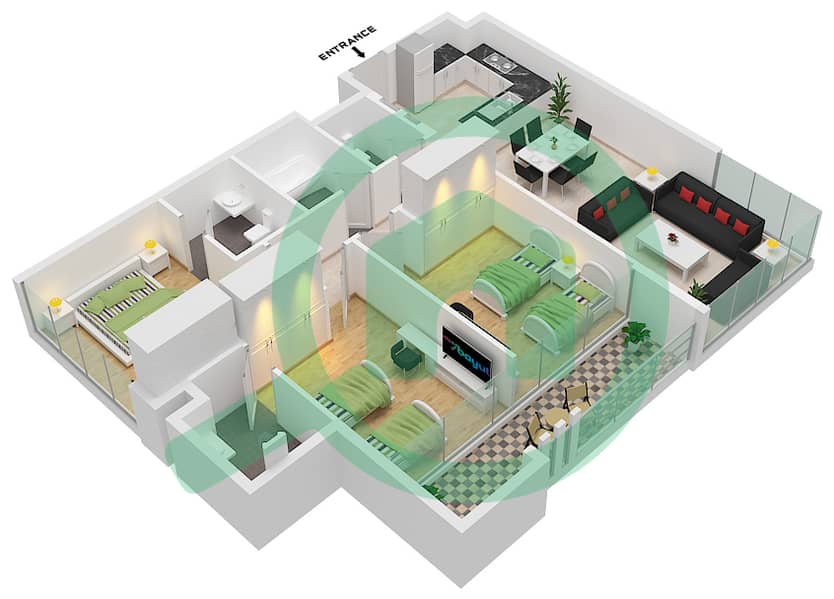 المخططات الطابقية لتصميم النموذج A, شقة 3 غرف نوم - فيردانا interactive3D