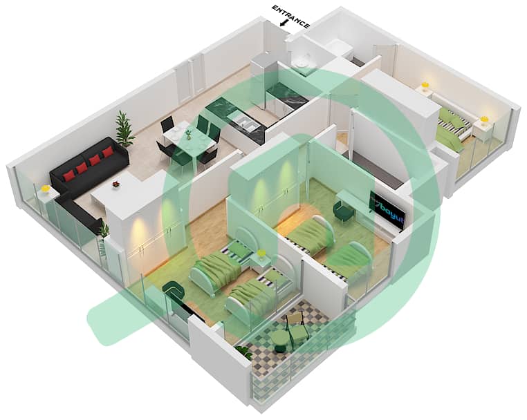 المخططات الطابقية لتصميم النموذج B, شقة 3 غرف نوم - فيردانا interactive3D