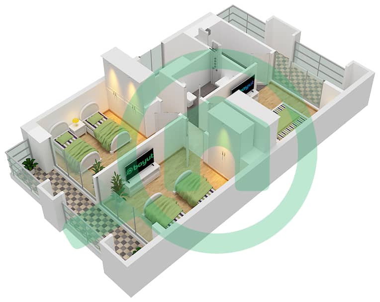 المخططات الطابقية لتصميم النموذج A, تاون هاوس 4 غرف نوم - بيانكا First Floor interactive3D