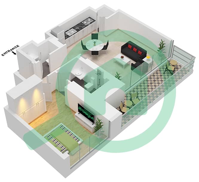 المخططات الطابقية لتصميم النموذج / الوحدة A-02,08,01,07 شقة 1 غرفة نوم - شبه الجزيرة الرابعة بلازا interactive3D