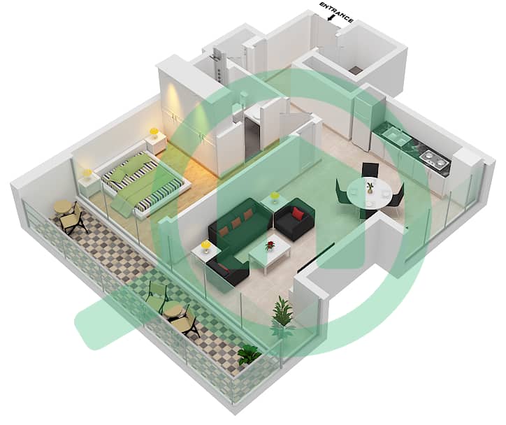 المخططات الطابقية لتصميم النموذج / الوحدة B-07 شقة 1 غرفة نوم - شبه الجزيرة الرابعة بلازا interactive3D