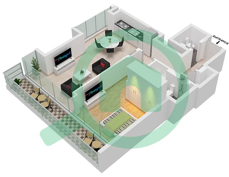 المخططات الطابقية لتصميم النموذج / الوحدة C-04,10 شقة 1 غرفة نوم - شبه الجزيرة الرابعة بلازا interactive3D