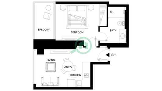 المخططات الطابقية لتصميم النموذج / الوحدة G-03,09 شقة 1 غرفة نوم - شبه الجزيرة الرابعة بلازا