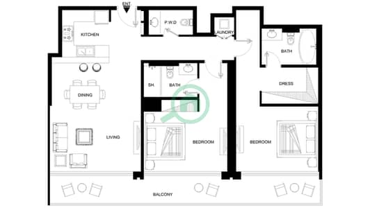 المخططات الطابقية لتصميم النموذج / الوحدة B-09 شقة 2 غرفة نوم - شبه الجزيرة الرابعة بلازا
