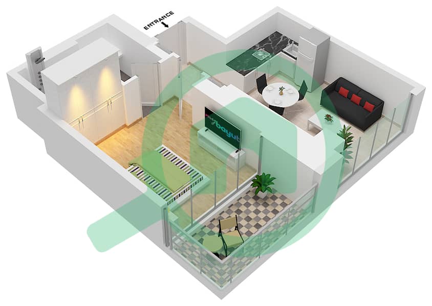 المخططات الطابقية لتصميم النموذج / الوحدة G-03,09 شقة 1 غرفة نوم - شبه الجزيرة الرابعة بلازا interactive3D