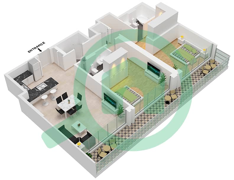 المخططات الطابقية لتصميم النموذج / الوحدة B-09 شقة 2 غرفة نوم - شبه الجزيرة الرابعة بلازا interactive3D