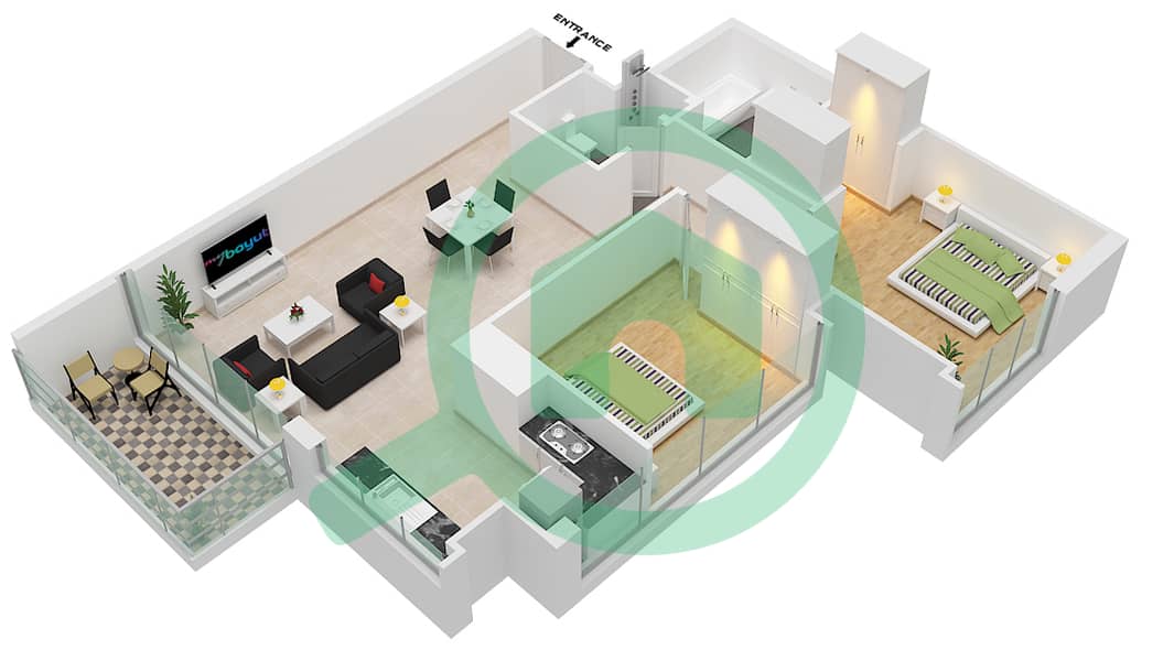 المخططات الطابقية لتصميم النموذج / الوحدة A-UNIT-2,3-FLOOR 7 شقة 2 غرفة نوم - 5242 برج 1 interactive3D