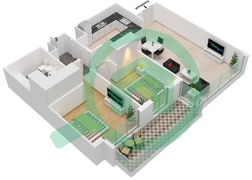 المخططات الطابقية لتصميم النموذج / الوحدة B-UNIT-2-FLOOR 6 شقة 2 غرفة نوم - 5242 برج 1 interactive3D