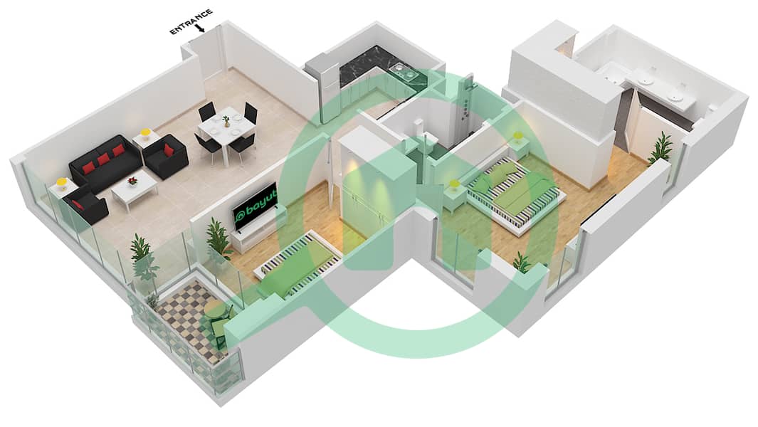 المخططات الطابقية لتصميم النموذج / الوحدة C-UNIT-7-FLOOR 11,21 شقة 2 غرفة نوم - 5242 برج 1 interactive3D