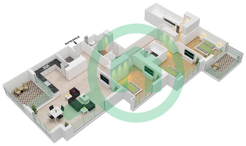 المخططات الطابقية لتصميم النموذج / الوحدة A-UNIT-1-FLOOR 34-45 شقة 3 غرف نوم - 5242 برج 1 interactive3D