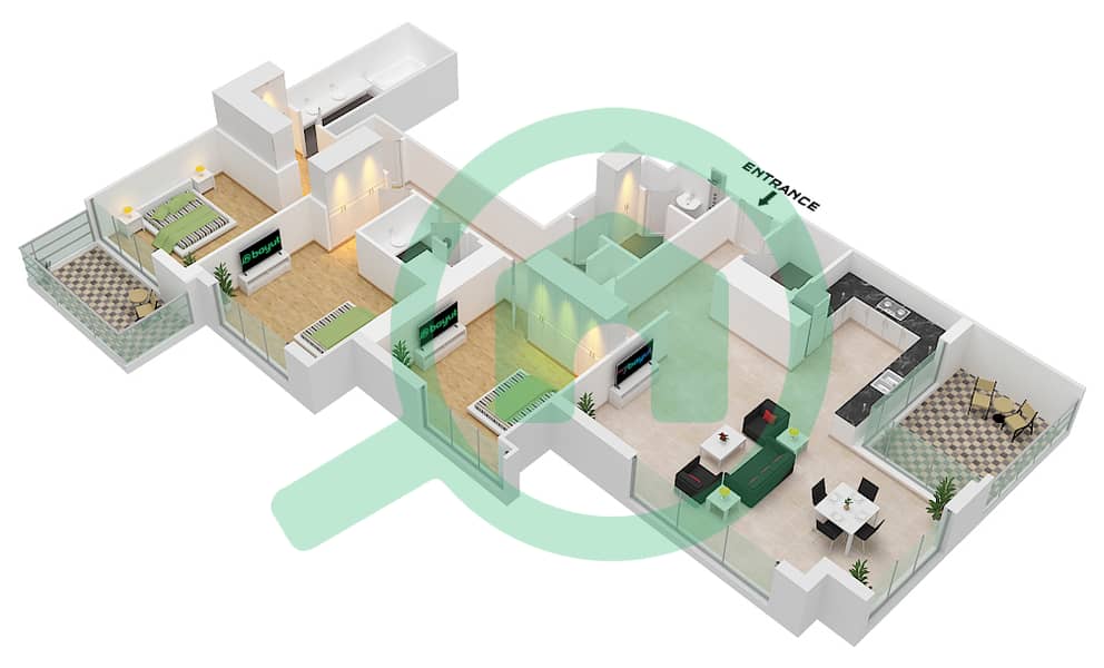المخططات الطابقية لتصميم النموذج / الوحدة B-UNIT-2-FLOOR 34-45 شقة 3 غرف نوم - 5242 برج 1 interactive3D