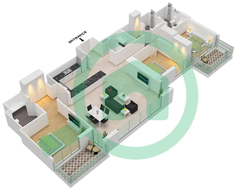 المخططات الطابقية لتصميم النموذج / الوحدة C-UNI-3,4-FLOOR 34-36 شقة 3 غرف نوم - 5242 برج 1 interactive3D