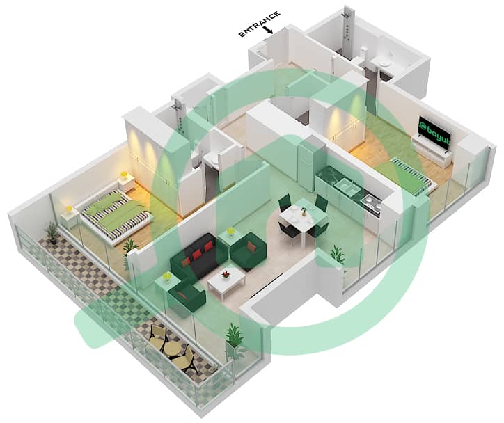 المخططات الطابقية لتصميم النموذج / الوحدة C-04 شقة 2 غرفة نوم - شبه الجزيرة الرابعة بلازا interactive3D