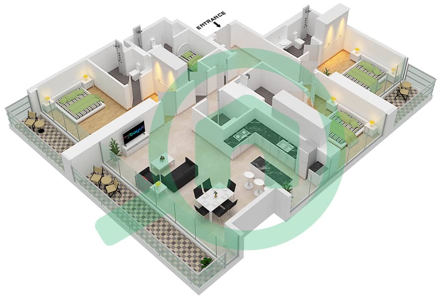 المخططات الطابقية لتصميم الوحدة 12,05,10 شقة 3 غرف نوم - شبه الجزيرة الرابعة بلازا interactive3D