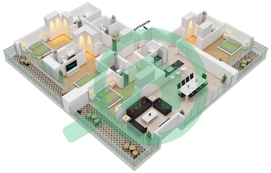 المخططات الطابقية لتصميم النموذج / الوحدة A,B-02,04 شقة 4 غرف نوم - شبه الجزيرة الرابعة بلازا interactive3D