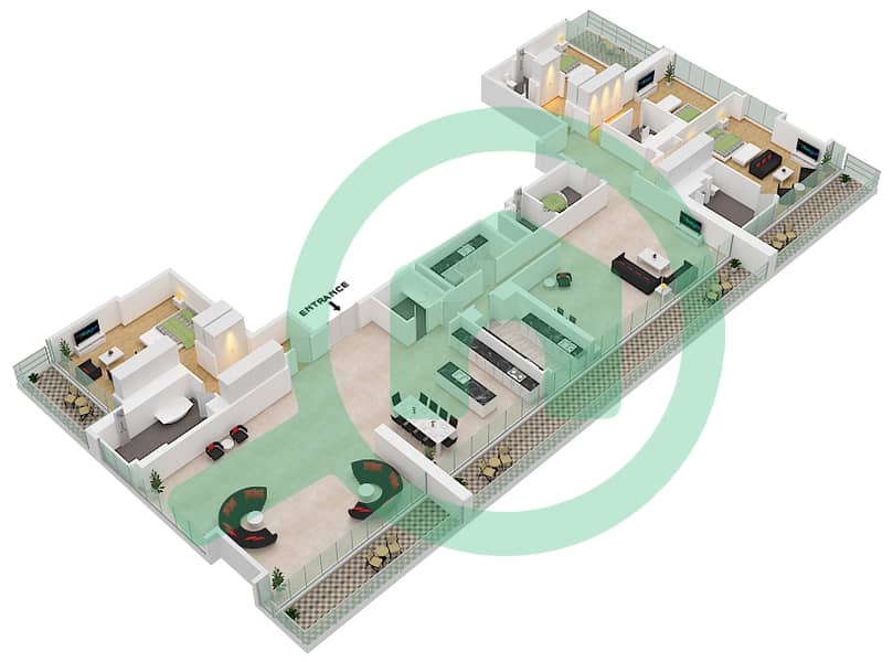 المخططات الطابقية لتصميم النموذج / الوحدة A-01 شقة 4 غرف نوم - شبه الجزيرة الرابعة بلازا interactive3D
