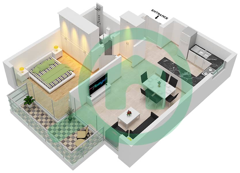 Азизи Ривьера 6 - Апартамент 1 Спальня планировка Тип 4-FLOOR 2-9 interactive3D