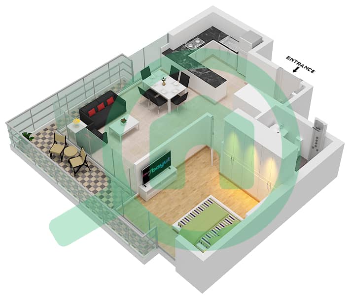 Азизи Ривьера 6 - Апартамент 1 Спальня планировка Тип 3 OPTION A-FLOOR 2-9 interactive3D