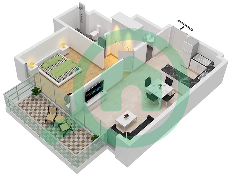 Азизи Ривьера 6 - Апартамент 1 Спальня планировка Тип 1-FLOOR 2-9 interactive3D