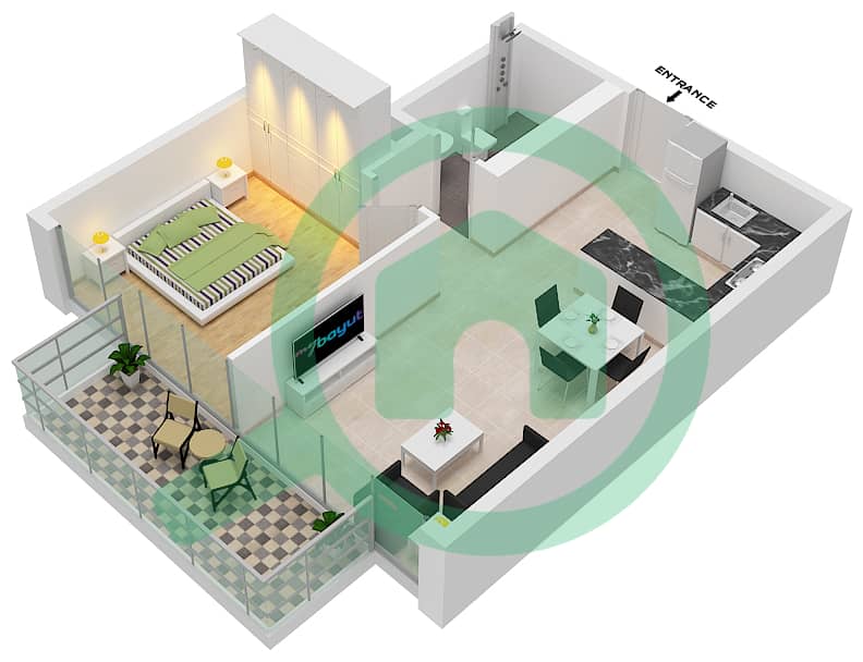 Азизи Ривьера 6 - Апартамент 1 Спальня планировка Тип 2-FLOOR 2-9 interactive3D