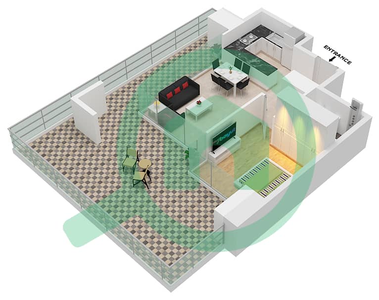 Азизи Ривьера 6 - Апартамент 1 Спальня планировка Тип 3-OPTION B-FLOOR 1 interactive3D