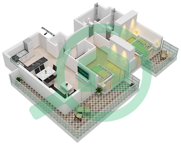 Азизи Ривьера 6 - Апартамент 2 Cпальни планировка Тип 1-FLOOR 5-9 interactive3D