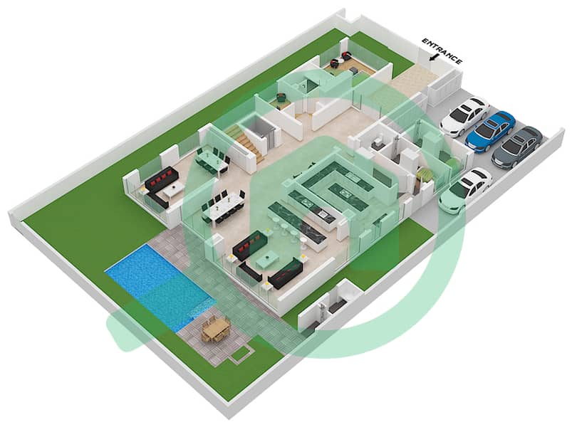المخططات الطابقية لتصميم الوحدة MANSION XX فيلا تجارية 5 غرف نوم - خليج الجنوب Ground Floor image3D
