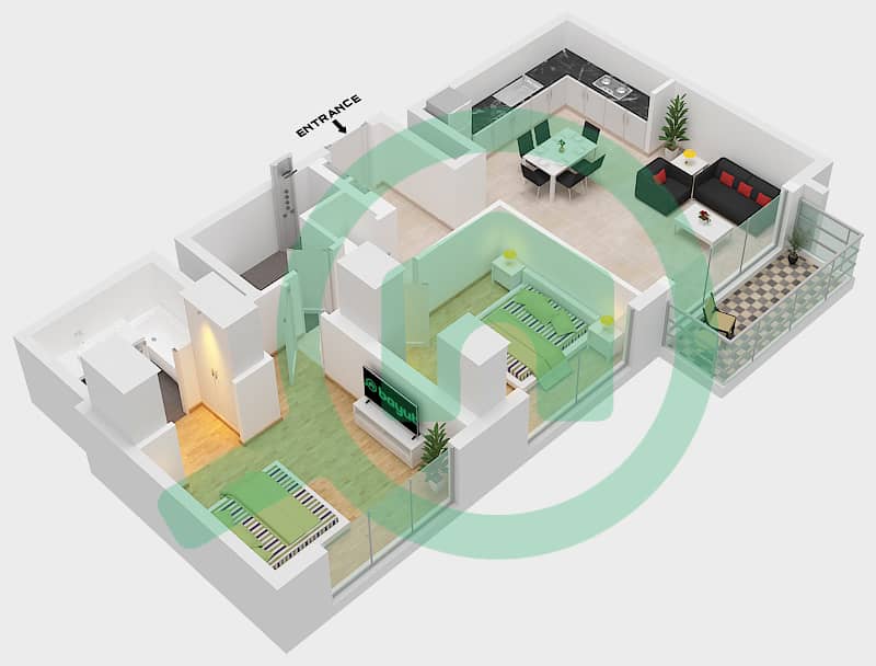 المخططات الطابقية لتصميم النموذج / الوحدة 1D UNIT 04 شقة 2 غرفة نوم - لايم جاردنز Floor 02-23 image3D