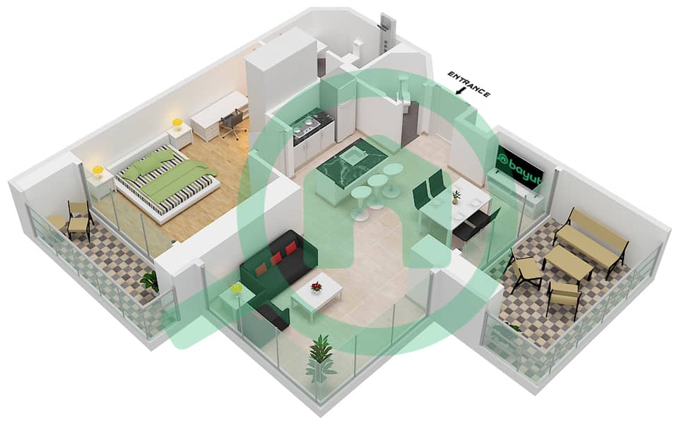 المخططات الطابقية لتصميم النموذج B شقة 1 غرفة نوم - فندق إس إل إس دبي interactive3D