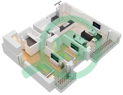 المخططات الطابقية لتصميم الوحدة 01 FLOOR 4-23 شقة 2 غرفة نوم - كريك ووترز