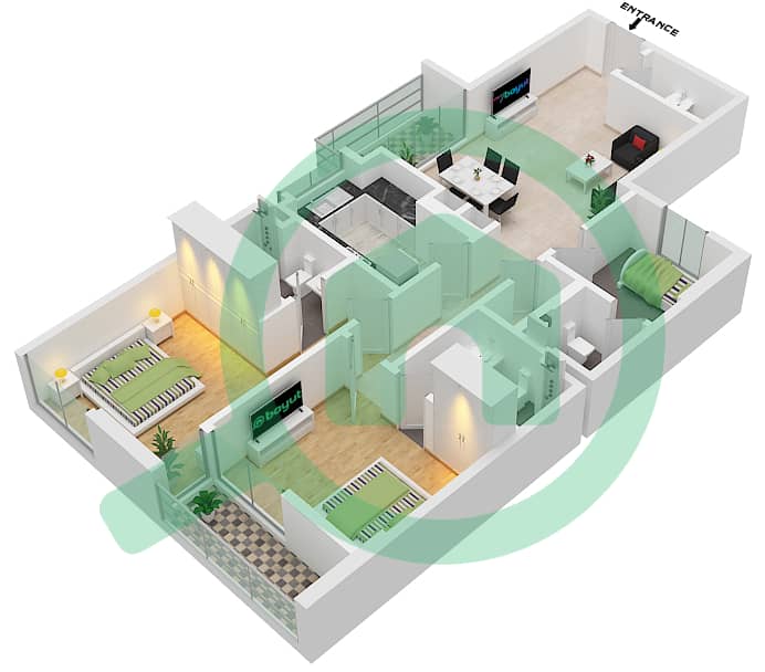 المخططات الطابقية لتصميم الوحدة 1208 شقة 2 غرفة نوم - أورا interactive3D