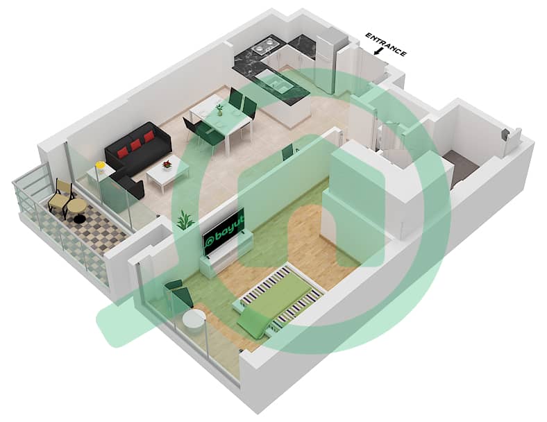 Тауэр Б - Апартамент 1 Спальня планировка Тип/мера 02M-UNIT-203,303,307 interactive3D