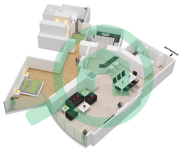 المخططات الطابقية لتصميم النموذج E 1378 SQF شقة 1 غرفة نوم - برج خليفة interactive3D