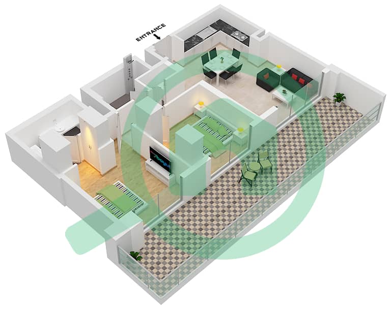 Лайм Гарденс - Апартамент 2 Cпальни планировка Тип/мера 1B-UNIT-01-FLOOR-01 interactive3D